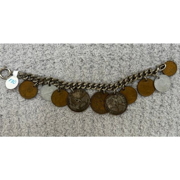 Vintage Multi National Coin Silver Tone Bracelet 6.75" #65108 - Picture 5 of 6